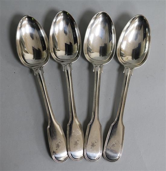 A set of four early Victorian silver fiddle and thread pattern dessert spoons, Length 175 mm, weight 8.8oz/275 grms